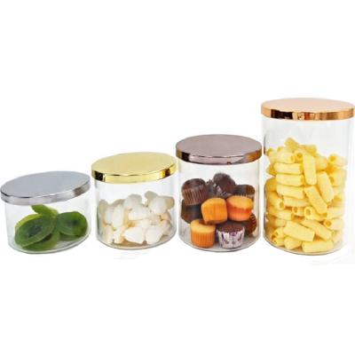 China Luxury Custom Made Freshness Preservation High Borosilicate Glass Cake Candy Food Storage Jars With Gold Lid for sale