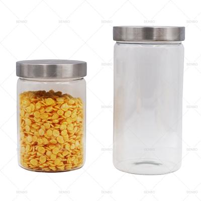 China Airtight Food Storage Freshness Preservation Round High Borosilicate Glass Storage Jar For Food Cooking With Stainless Steel Metal Lid Screw Cap Cap for sale