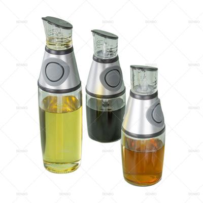 China Sustainable Kitchen 250ml 500ml Oil Jar Pump Dispenser Round Press And Clear Glass Measuring Bottle Set With No Drip Spout for sale