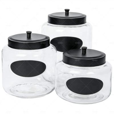 China Freshness Preservation Cookie Canister Glass Storage Jar with Matte Black Metal Lid and Chalkboard Label for sale