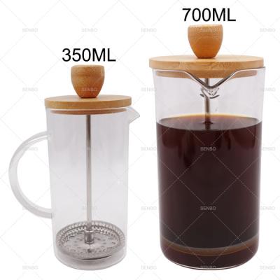 China WITH LID 2021 Travel Bambu Borosilicate Glass Coffee Espresso Nordic French Press Small 350ml With Handle Knob Bamboo Lid for sale