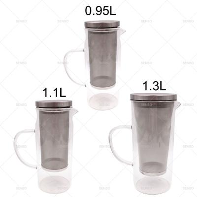 China Customized Portable High Borosilicate 1300ml 1100ml 1000ml Viable Cold Brew Glass Iced Coffee Maker Pitcher with Lid, Filter, Handle for sale