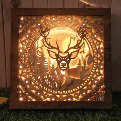 China New Item Folk Art Decorative 3D Shade Carving Lamp Wood Crafts Box Led Night Light Customized Shaped for sale