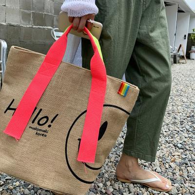 China 2021 Fashion Designer Brands Custom Famous Women's Cute Korean Smiley Face Cotton Printed Logo Jute Tote Bags Ladies Casual Large Handbag for sale