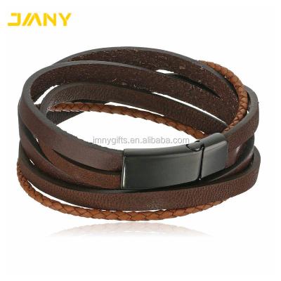 China Custom Stainless Steel Mens Black Ion-Plated Stainless Steel And Wrap Leather Bracelet for sale