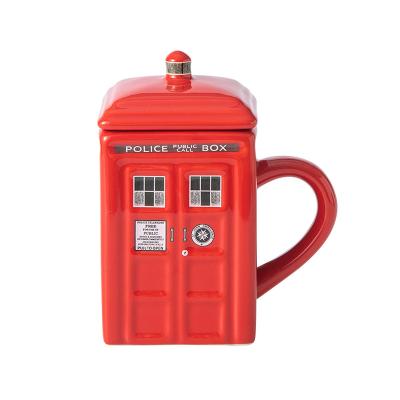 China Viable Creative Retro British Ceramic Milk Mug With Lid Telephone Police Booth Shape Porcelain Novelty Coffee Mug for sale