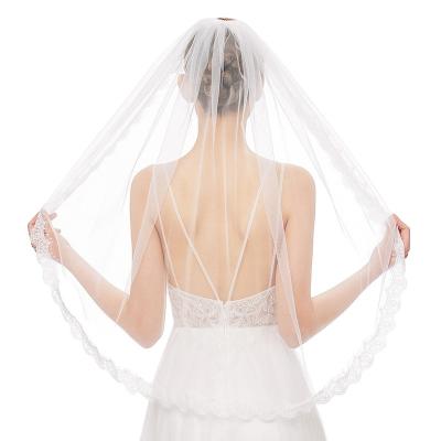 China Lace Edge Amazon Explosives Wholesale 90CM Small Eyelash Single Layer Veil Metal Hair Comb Lace Up Simple Bridal Veil for sale