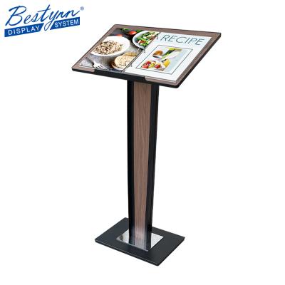 China Hotel Restaurant Hotel Menu Stand Up Ring Binder Wooden Custom Brochure Display Rack for sale