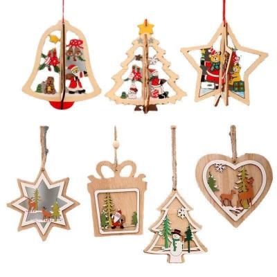 China Wholesale Small Tree Wooden Hollow Hanging Five-pointed Star Christmas Decorations China Christmas Bell Pendant Gift for sale