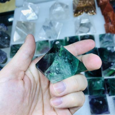 China Dong Hai Folk Handicrafts color fluorite blasted pyramid tower carving crystals quartz healing Pentahedron for sale