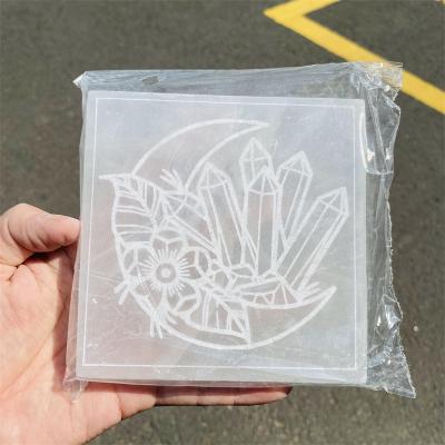 China Dong Hai Wholesale Polished Natural Carved Pattern Crystals Moon Selenite Panel Square Slices Crystal Slab Energy Disc Protection for sale