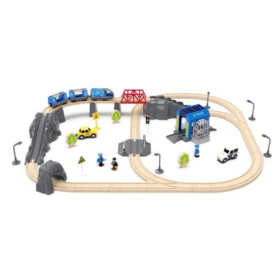 China 63 pieces of wooden train  track with police station scene Children's building block train track set for sale