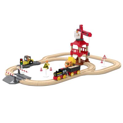 China Wooden track small train theme set engineering crane puzzle toy children's beech wooden track building block wholesale for sale