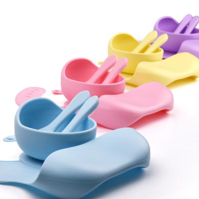 China Baby silicone bib, soft complementary food bowl, fork, spoon set, food grade baby feeding tableware for sale