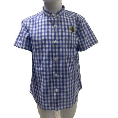 China Anti-Shrink Boys School Logo Shirts Shorts Sleeve Mandarin Collar Blue Cotton Gingham Plaids Check Shirts For Kids for sale