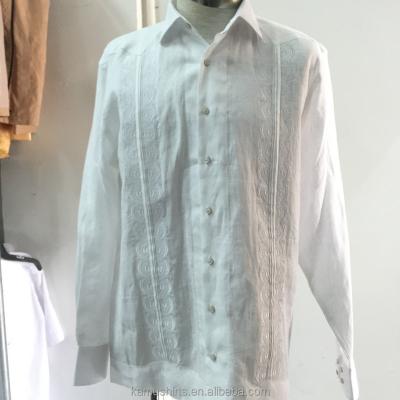 China Anti-pilling Men's Long Sleeve Guayabera Linen Shirt Pleats Embroidery for sale