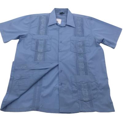 China Anti-pilling high grade CVC four pocket Guayabera style embroidery Front Pleat Short Sleeve Shirt for men for sale