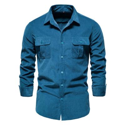 China 2022 hot sale men's anti-pilling corduroy fabric shirts long sleeve blue color dress shirts for men for sale