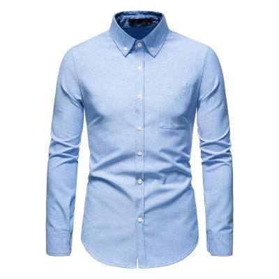 China 2022 Wholesale Men's Anti-Shrink Cotton Oxford Business Formal Dress Tops Blouse Blue Long Sleeve Soft Slim Fit Shirts For Men for sale