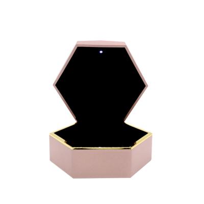 China Custom Luxury Hexagonal Light Pink Plastic Led Plastic+Velvet Watch Box Storage Packaging Case With Logo For Jewelry Watch Custom for sale