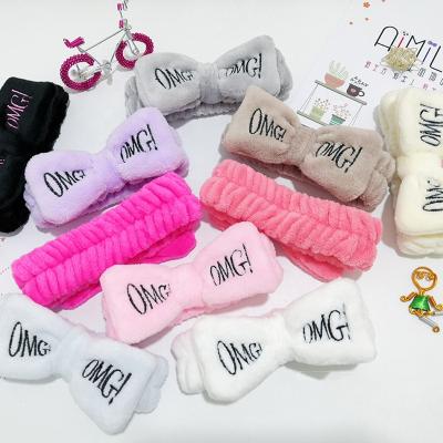 China Fashion/Hot Seller Cute CustomGirls Cute Face Plush Wash Headband OH MY GOD Letters Bow Coral Fleece Elastic Headband for sale