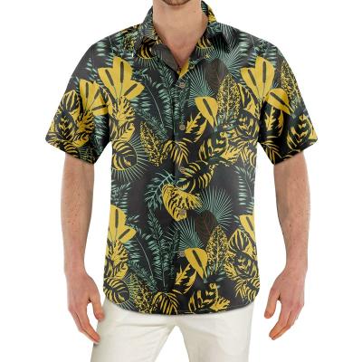 China Dark Green Mens Beach Shirt Polyester Mens Beach Anti-Pilling Tropical Style Short Sleeve Shirt Dark Green Vacation Amenities Button Up Hawaiian Shirts HW-TROP20 for sale