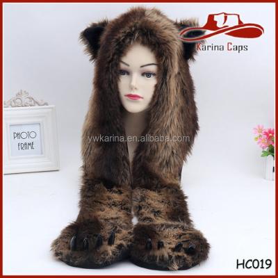 China breathable & Wolf Full Animal Hoodie Hat Waterproof Faux Fur 3 In 1 Function Mittens Glove With Claws for sale