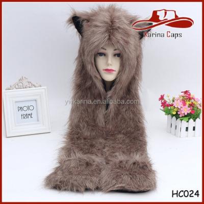 China breathable & Pure Coffee Color Waterproof Wolf Faux Fur Furry Animal Hat With Attached Scarf And Gloves for sale