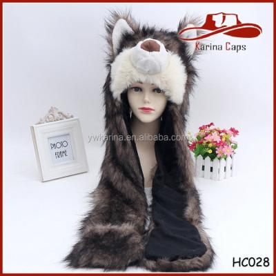 China breathable & Waterproof Black Crazy Wolf Ears Hat Sets Unisex Faux Fur Animal Hood Warm Hat Scarf Mittens for sale