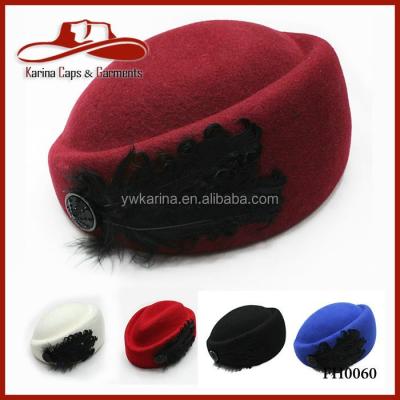 China Plush Fashion Women's Ladies Wool Felt Feather Beret Hats Beanie Tam Stewardess Cap Fedora Hat for sale