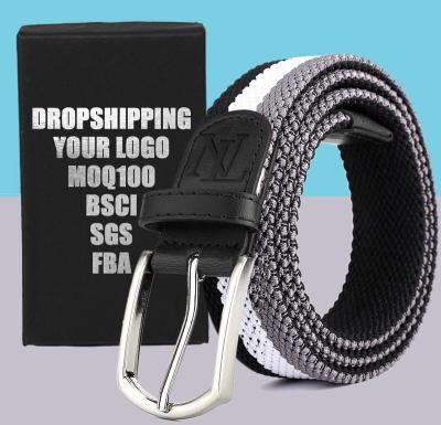 China Double Layer Rubber Belt Fiber +Polyester Canvas Casual Braided Elastic Men's Belts With Pin Buckles for sale