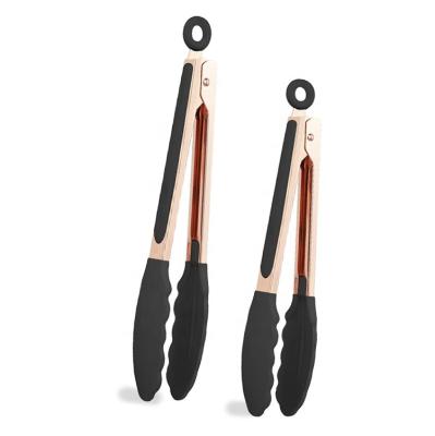 China Silicone Stocked Stainless Steel Tipped Rose Gold Small Nonstick Kitchen Tongs for sale