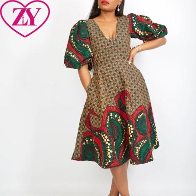 China African Ethnic Flare Dress With Puff Sleeve African Print Midi Dress Plus Size Ankara Clothing For Party for sale