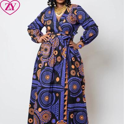 China African Print Faux Wrap Maxi Dress Purple Mandala Print Ethnic African Puff Sleeve Dress Split Skirt Women Clothing for sale