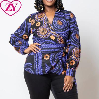 China Mandala Women Clothing African Purple Cotton Wrap Top 100% Cotton Print Peplum Top One Line for sale