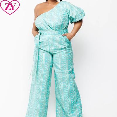 China 100% Wide Leg Puff Sleeve Print One-Shoulder Women Clothing Cotton African Ankara Overalls Detachable Waist Sash for sale