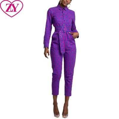 China Custom African Print Dungarees American Ankara Print Women Clothing Kente Print Jumpsuit Purple with Belt for sale