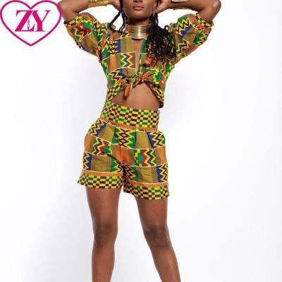 China Cotton Kente Print Women Clothing African Print Set Tailored Shorts And Top 2pcs Set For Summer for sale