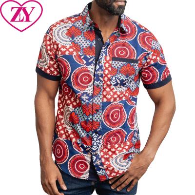 China Clothing Factory Custom African Brown Multi Print Short Sleeve Button-Up Shirt S-XL for sale