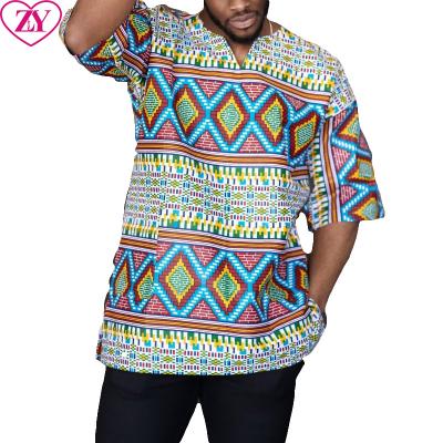 China Anti-wrinkle summer ethnic african t-shirt plus size blue wax cotton tops kente print men's T-shirt for sport for sale