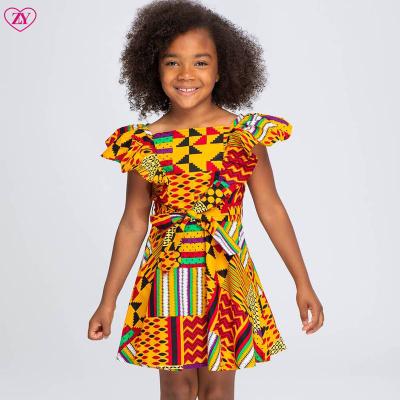 China New Style Girls Breathable Traditional Dashiki Ankara Printing African Print Butterfly Sleeves For Kids African Dresses for sale