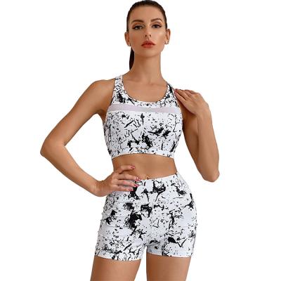 China Eco-Friendly Marble Print With Viable Contrast Mesh Bra And Shorts Sport Gaiters Activewear Fitness And Yoga Set for sale