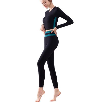 China Eco-friendly Black Polyester Women Activewear Workout Contrast Panel Sports Tee And Legging Yoga Set for sale