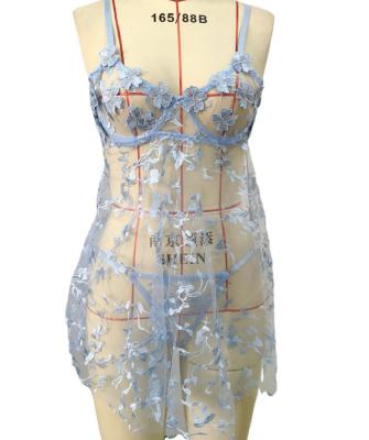 China Elegant Transparent Mesh Embroidery Floral Sexy Ladies Lingerie Flirting Set for sale