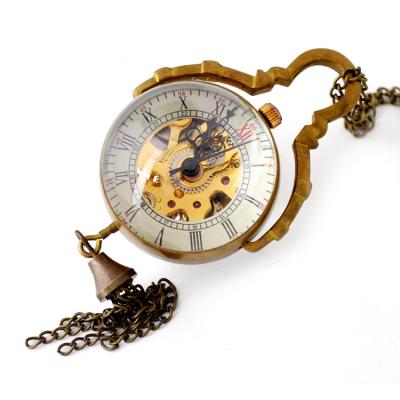 China BOSHIYA New Design Antique Vintage Pure Brass Crystal Ball Open Face Necklace Mechanical Pocket Watch With Skeleton Display for sale