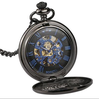 China Antique Skeleton BOSHIYA Display Stand Half Hunter Mechanical Automatic Pocket Watches with Blue Roman Numeral for sale