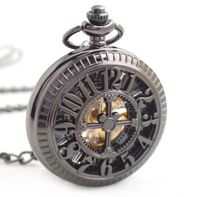 China BOSHIYA Antique Polished Black Hollow Antique Half Clock Half Skeleton Display Hunter Mechanical Pocket Watch for sale