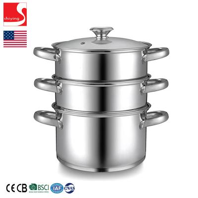 China SY-Kitchenware Stainless Steel Boiler Sustainable Silver Steamer 4Qt Double Steamer Set 3 Layers 24cm Factory Price for sale