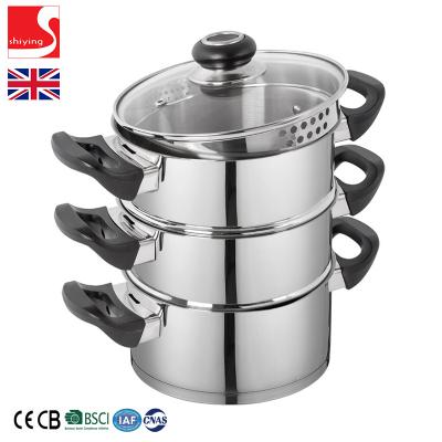 China SY Viable Kitchenware 18cm 3 Tier Steamer With Tempered Glass Lid Stainless Steel 20cm Induction 4pcs Black Gas Handle for sale