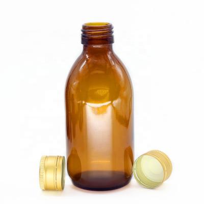 China Big Size Amber Pill Syrup 200ml Glass Bottle With Gold Cap For Cough Syrup for sale